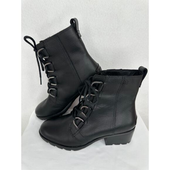 Sorel Cate Lace Up Black Bootie Waterproof Leather Boots 8.5 NL3385-010 - Picture 2 of 9